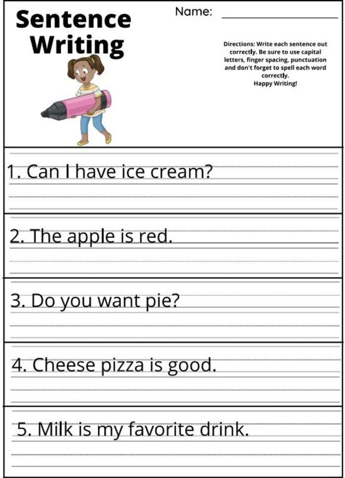 Third-grade typing worksheet showing finger placement on a paper keyboard for practicing sentence typing