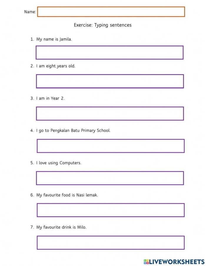 Third Grade typing worksheet showing finger placement on a paper keyboard for sentence practice