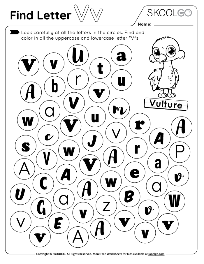 Uppercase V letter finding activity featuring a cute bat for Pre-K learners Find the uppercase letter V among various letters with a friendly vampire bat