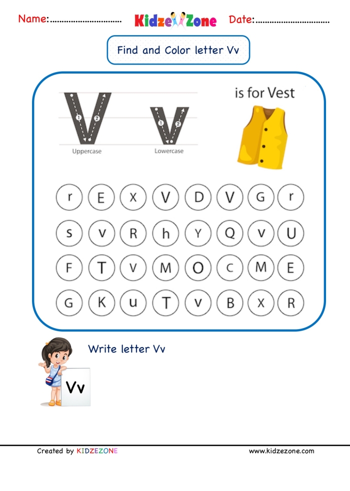 Uppercase V letter hunt with a friendly vampire bat for young learners on worksheet 13 Pre-K worksheet featuring a vampire bat searching for uppercase letter V's to enhance letter recognition