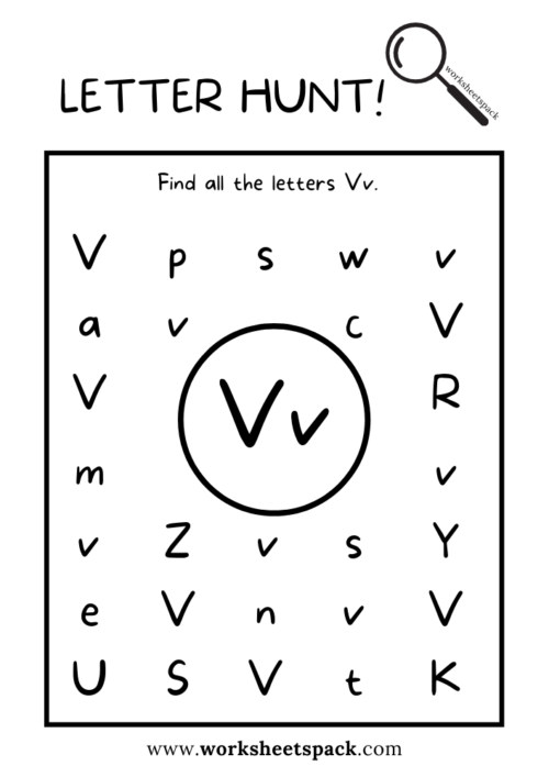 Uppercase V letter hunt activity featuring a friendly vampire bat for young learners Pre-K worksheet where children locate uppercase letter V with a vampire bat theme