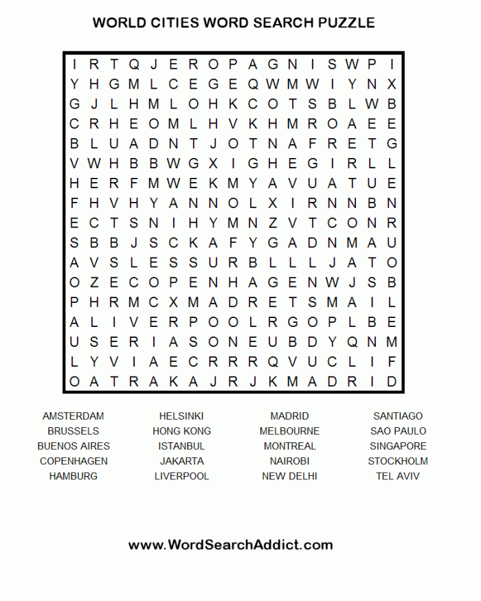 First Grade subtraction worksheet featuring a word search of U.S. cities for kids