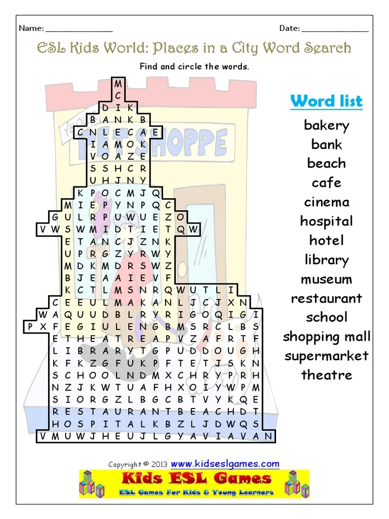 First Grade subtraction worksheet featuring a Cities Word Search to explore U.S. cities