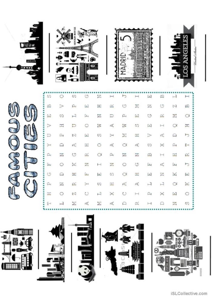 First Grade subtraction worksheet featuring a word search of U.S. cities for geography practice