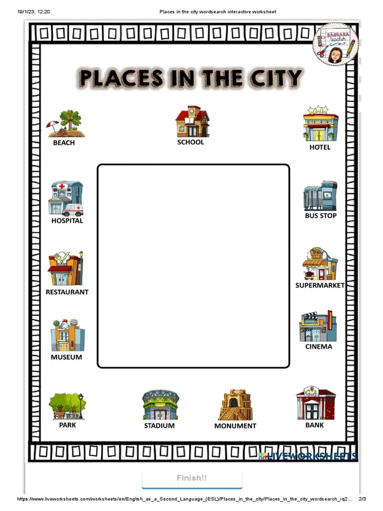 First Grade subtraction worksheet featuring a word search of U.S. cities for geography practice