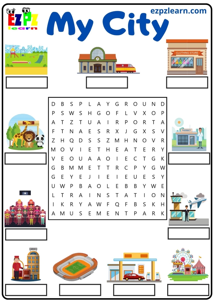 First Grade subtraction worksheet featuring a word search of U.S. cities for geography practice