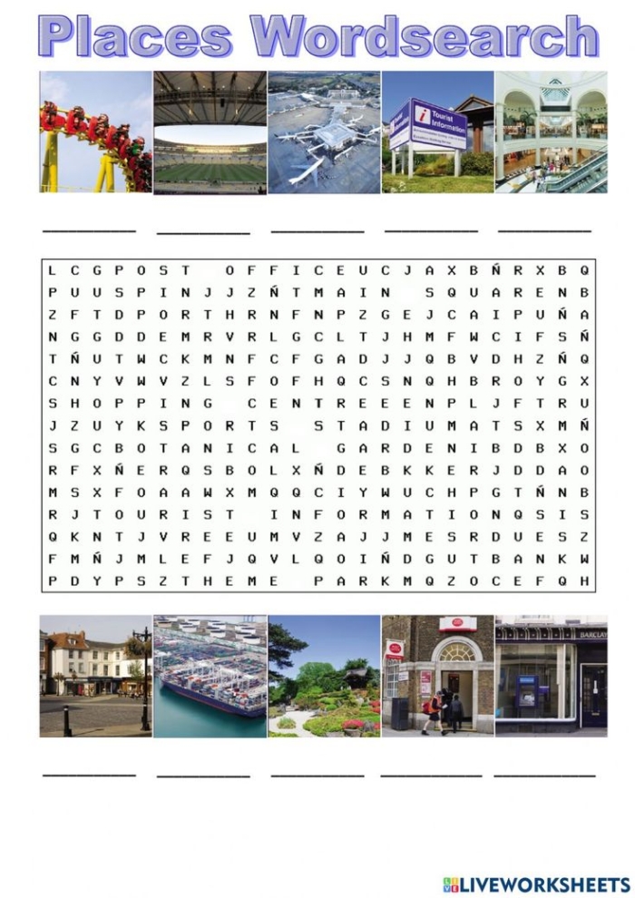 First Grade Cities Word Search worksheet focusing on U.S. cities for geography and subtraction skills