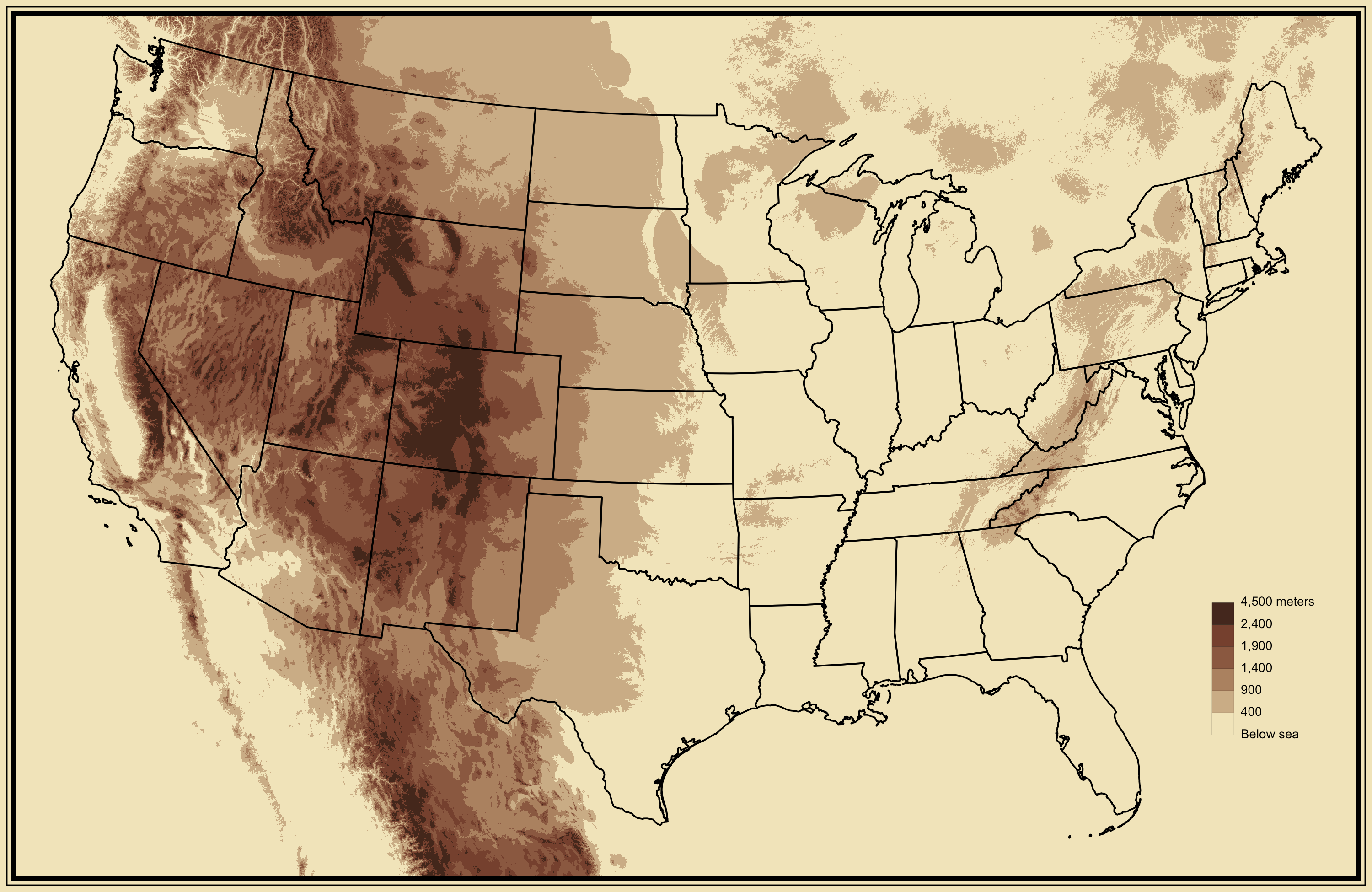 Third grade handwriting worksheet featuring a chart of U.S. state elevations for practice