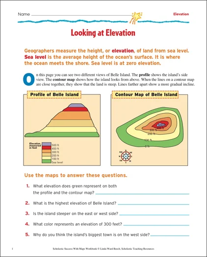 Third grade handwriting worksheet featuring the Elevations of the U.S. chart for geography practice