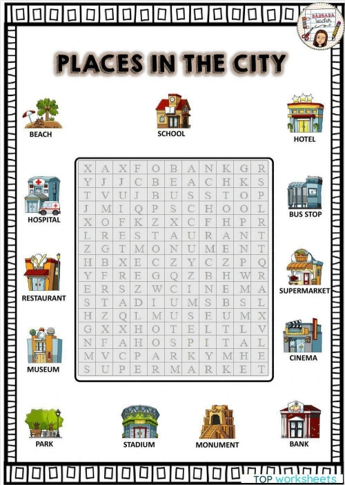 First Grade subtraction worksheet featuring a Cities Word Search puzzle for U.S. geography practice