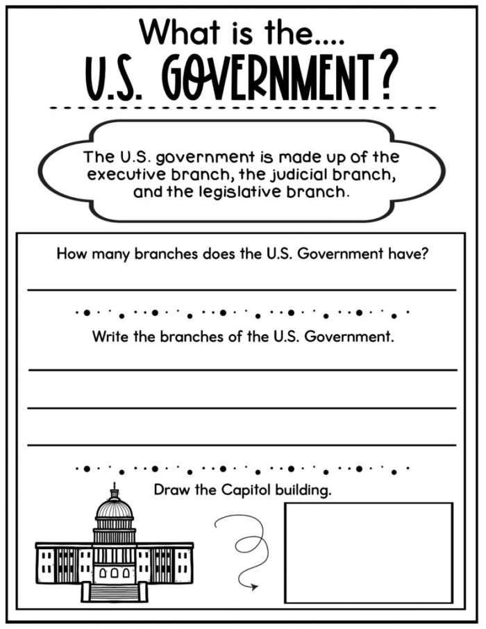 Second Grade worksheet matching U.S. government buildings with their names