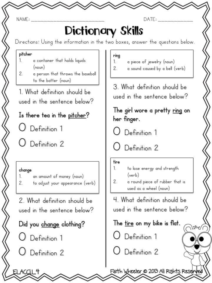 Worksheet on Using the Dictionary for third-grade reading skills Children engaging with a worksheet on dictionary definitions for third graders