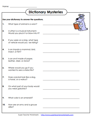 Worksheet image for third graders on identifying dictionary formatting and definitions Children engaging with the Using the Dictionary worksheet to explore dictionary definitions