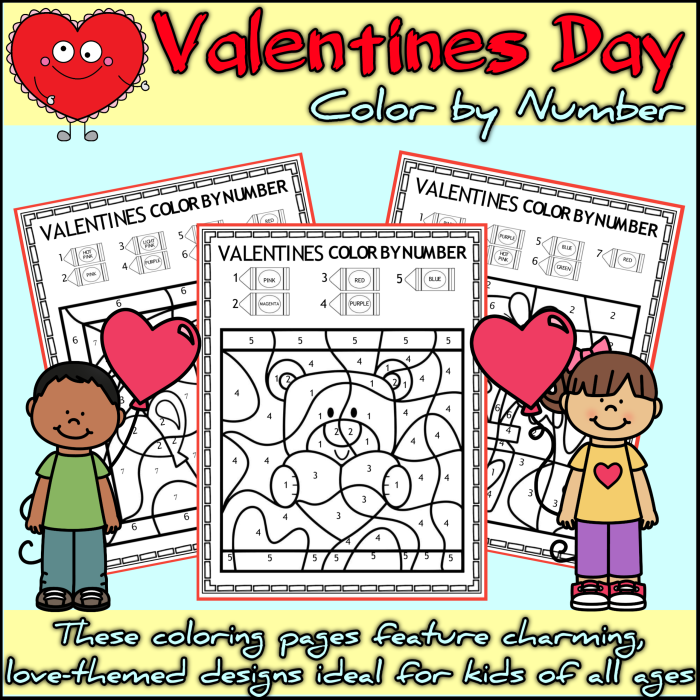 Valentine's Day math puzzle for young learners with a color-coded number activity on page 14 Kindergarten Valentine-themed color by number worksheet featuring hearts and numbers for early math practice