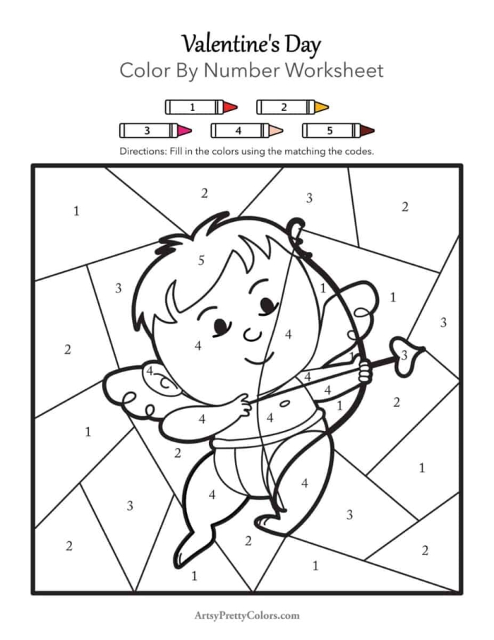Valentine's Day math activity for young learners featuring a color by number puzzle Kindergarten Valentine themed color by number worksheet focusing on number recognition