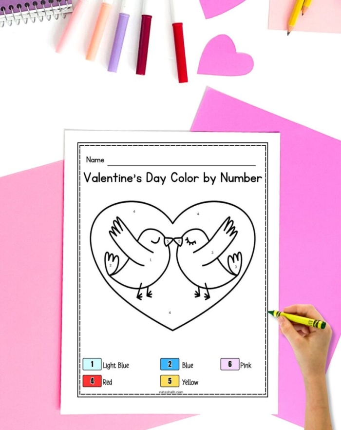 Valentine’s Day math puzzle for young learners with a color by number activity on image 9 Kindergarten Valentine’s Day color by number worksheet featuring a heart and numbers for learning