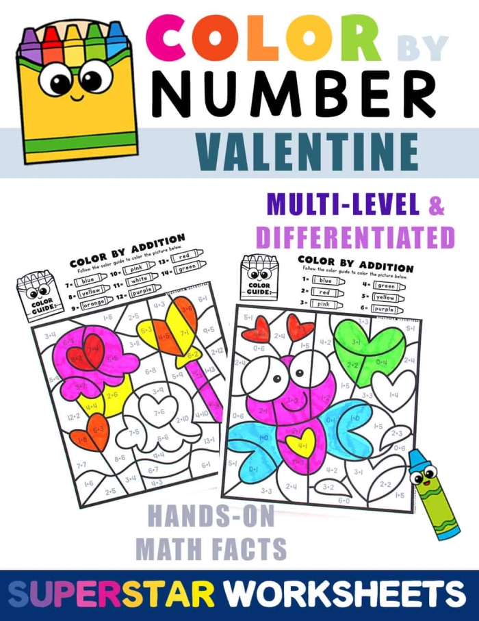 Valentine’s Day math activity for young learners with number recognition and coloring fun Kindergarten Valentine’s Day Color by Number worksheet featuring a heart-themed math puzzle