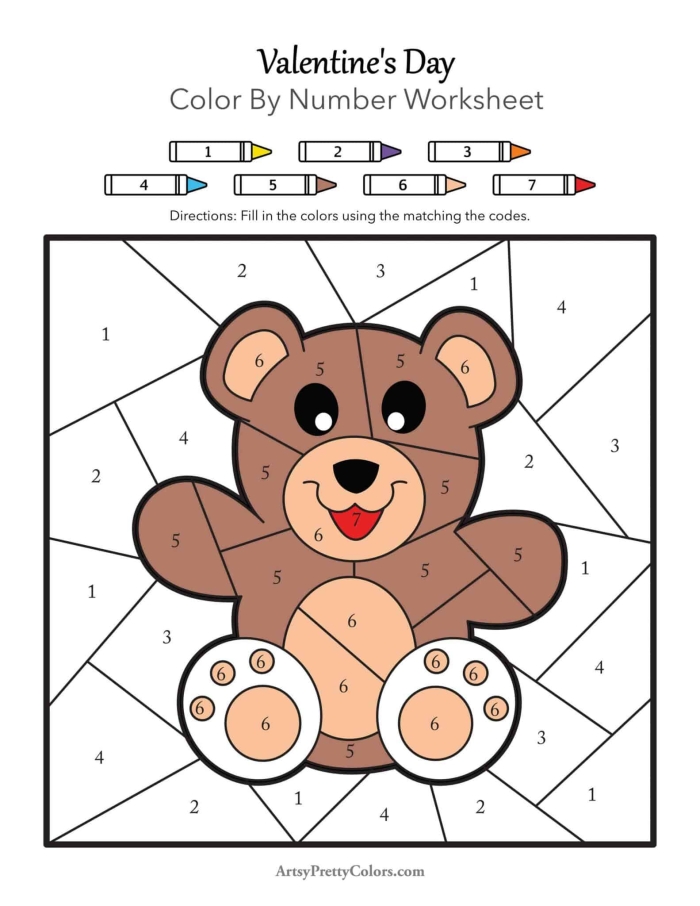 Valentine's Day number recognition activity for early learners Earth and Space Science edition Kindergarten Valentine's Day color by number worksheet featuring a heart-themed math puzzle