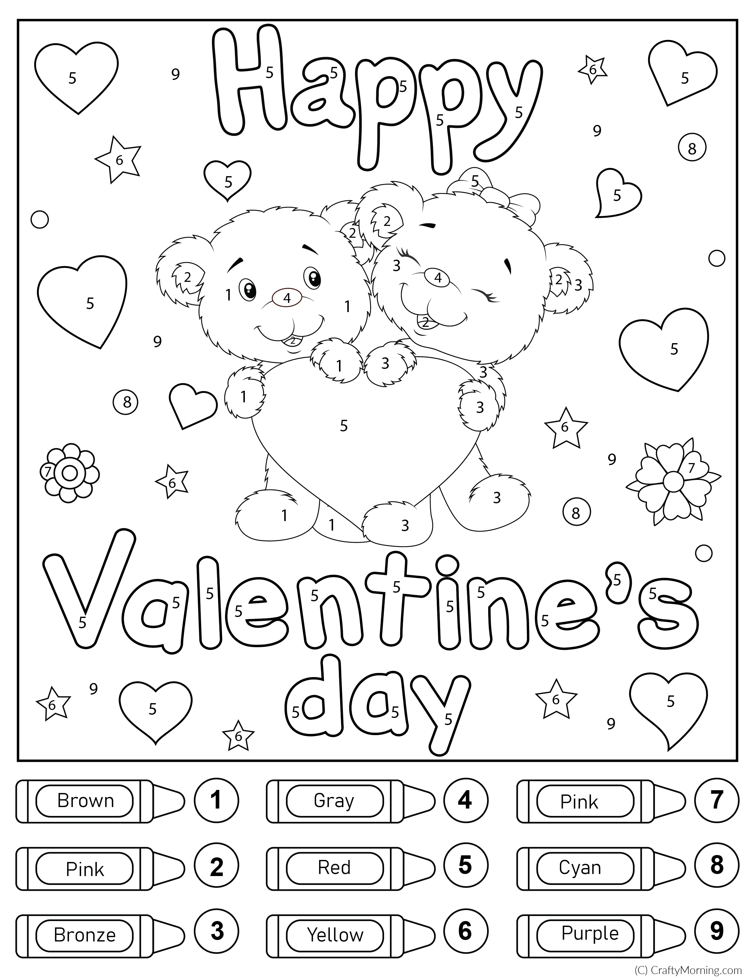 Valentine’s Day math puzzle for kids focusing on number recognition and coloring fun, worksheet 19 Kindergarten Valentine’s Day Color by Number worksheet featuring a heart and stars for early math practice