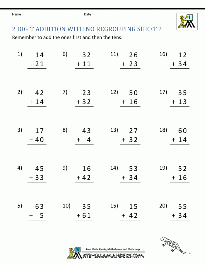 Double Digits! Vertical addition practice worksheet with regrouping for grade 2 students Second grade math worksheet showing vertical addition with carrying for two-digit numbers