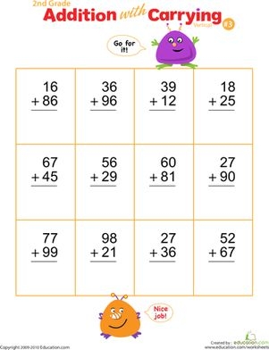 Double Digits! Practice Vertical Addition with Regrouping worksheet number 15 for kids learning addition facts Second grade math worksheet featuring vertical addition with regrouping for two-digit numbers