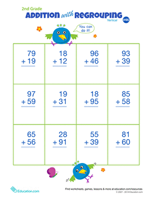 Double Digits! Practice worksheet for carrying addition problems in second grade math Second grade math worksheet showing vertical addition with regrouping for double digit numbers
