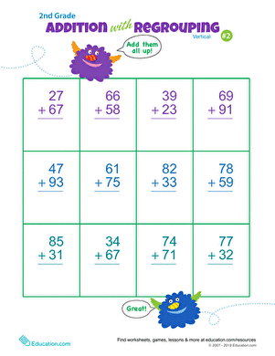 Double Digits addition practice worksheet for second graders with carrying problems number 3 Second grade math worksheet showing vertical addition with regrouping for two-digit numbers