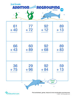 Practice two-digit addition with carrying on this second grade worksheet page Second grade math worksheet showing vertical addition with regrouping for double digits