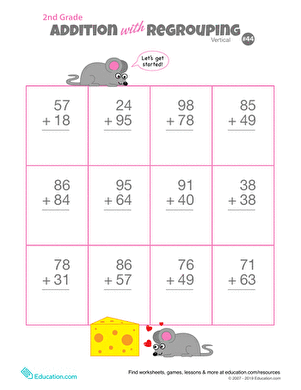 Double Digits! Practice vertical addition and carrying problems worksheet for second graders 13 Second grade math worksheet featuring vertical addition with regrouping for two-digit numbers