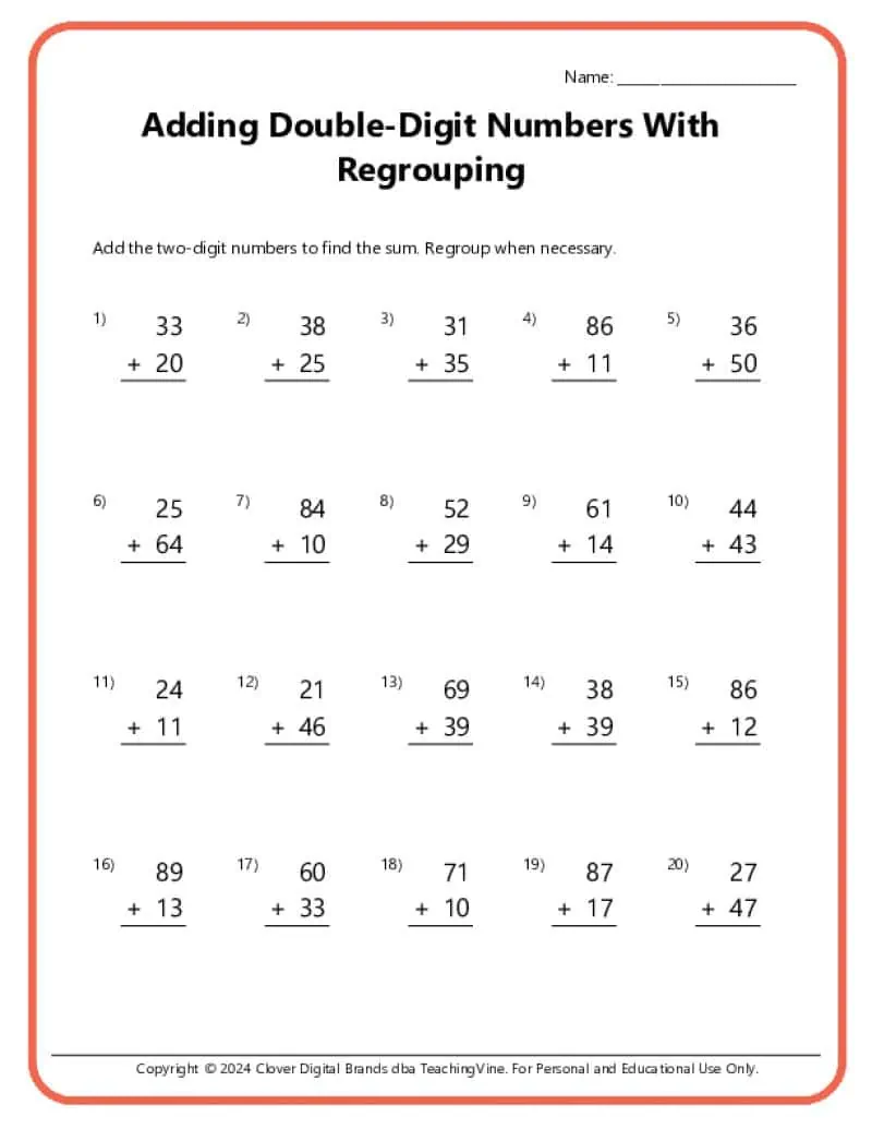 Double Digits! Practice vertical addition and carrying with worksheet number 18 Second grade math worksheet with vertical double digit addition and regrouping problems