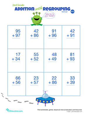 Practice addition with carrying using this engaging second grade worksheet for improving math skills Second grade math worksheet showing vertical addition problems with regrouping for double-digit numbers
