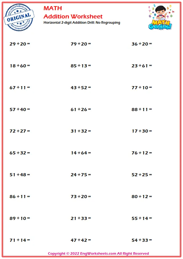 Double Digits Practice Worksheet 24 for improving addition skills with carrying Second grade math worksheet showing vertical addition problems with regrouping for double digit numbers