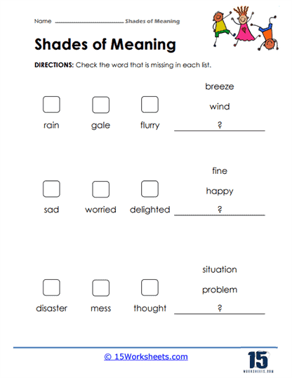 Third-grade worksheet focusing on shades of meaning in vocabulary words