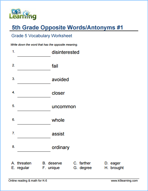 Engaging Level 2 antonyms matching activity for fourth graders in addition category Fourth Grade Match the Antonyms Level 2 worksheet focusing on vocabulary skills