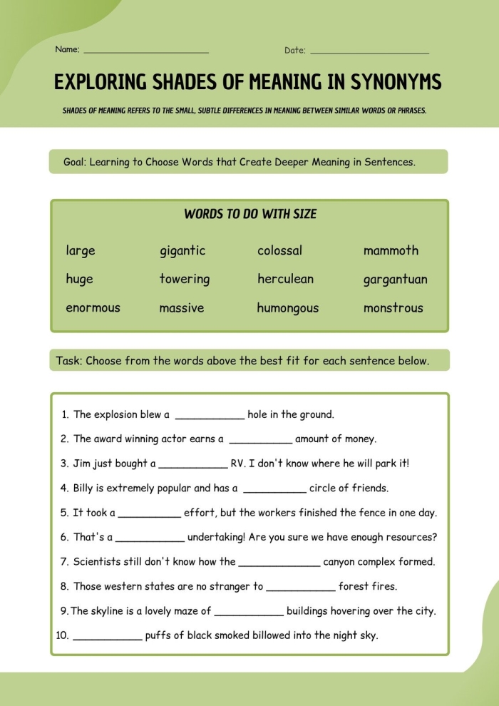 Third-grade worksheet focusing on shades of meaning in vocabulary words