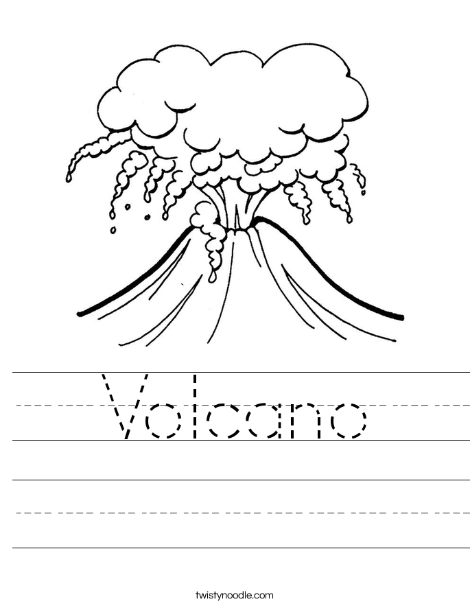 Volcano Story Starter Picture for Fourth Grade Composition Worksheet Image 3 Colorful volcano erupting with lava and ash clouds above a landscape scene for fourth grade creative writing activity
