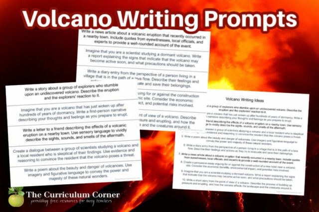 Fourth Grade Volcano Writing Scene Story Starter Activity 10 A volcano erupting with lava flowing down the mountainside as a creative writing prompt for fourth grade students