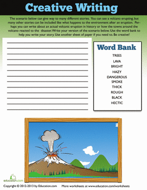 Volcano Writing Scene Worksheet for Fourth Grade Composition and Story Starters A fourth grade student writing scene with a volcano illustration and lined paper for creative story composition