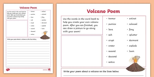 Volcano Writing Scene Worksheet 19 for Fourth Grade Composition and Research Writing A fourth grade student writing scene worksheet featuring a volcano setting as a story starter for composition and research-based writing activities