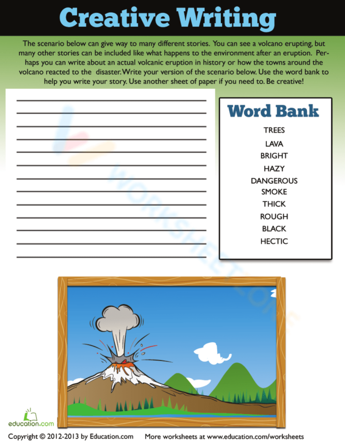 Fourth Grade Volcano Story Starter Writing Activity 14 A colorful volcano erupting with lava and ash clouds as a creative writing prompt for fourth grade students