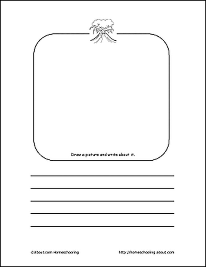 Volcano Writing Scene Worksheet 25 for Fourth Grade Composition and Story Starters A fourth grade student writing about a volcanic eruption scene with mountains and lava flowing