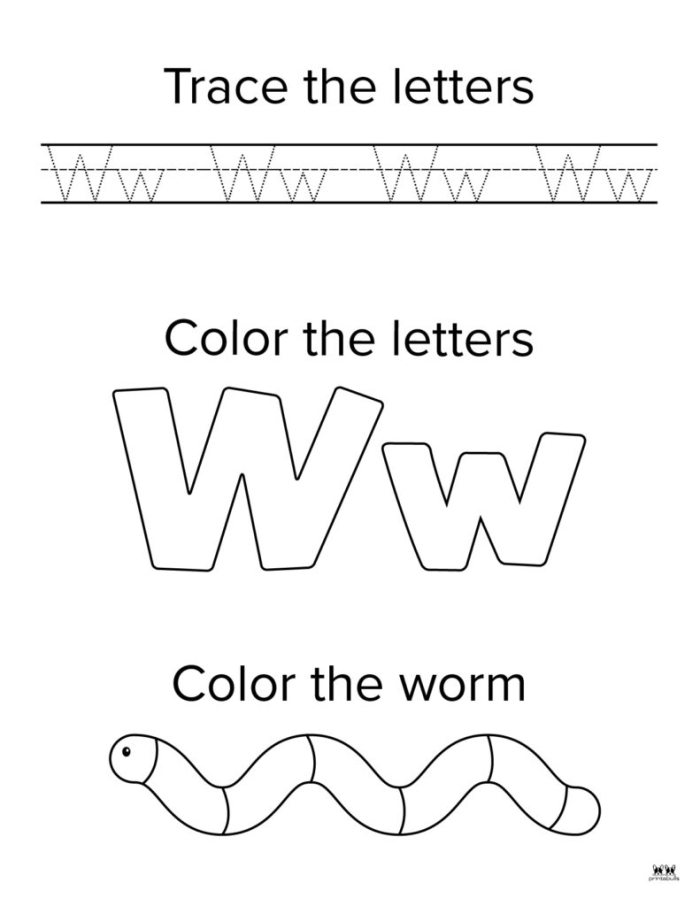 Fun and engaging W Is For... worksheet for early literacy development Worksheet designed for preschoolers to learn the letter W and its sounds through coloring activities
