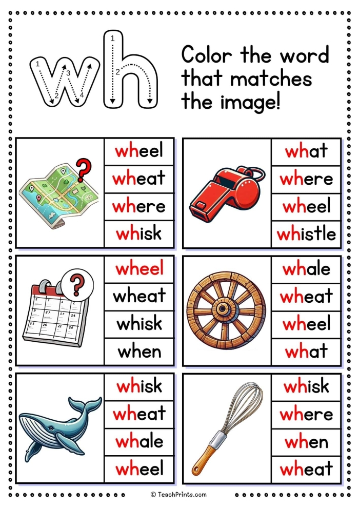 Colorful "W Is For..." worksheet designed to engage Pre-K children in alphabet learning Worksheet for preschoolers to learn the letter W and its sounds through fun coloring activities