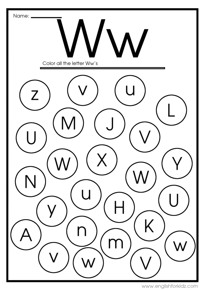 Grammar and Mechanics worksheet for Pre-K Worksheet featuring the letter W for preschoolers to color and learn sounds. Engaging W Is For... activity to enhance early literacy skills.