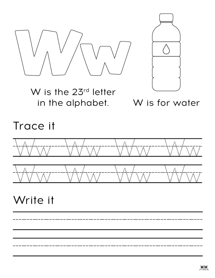 Fun W Is For… activity sheet designed for Pre-K children to explore letters Worksheet featuring the letter W for preschoolers to color and learn sounds