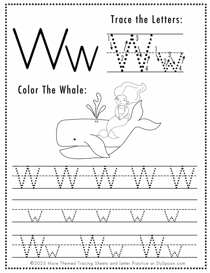 Grammar and Mechanics worksheet for Pre-K Worksheet featuring the letter W for preschoolers to practice sounds and coloring. Fun W Is For... activity designed to enhance early literacy skills for Pre-K learners.