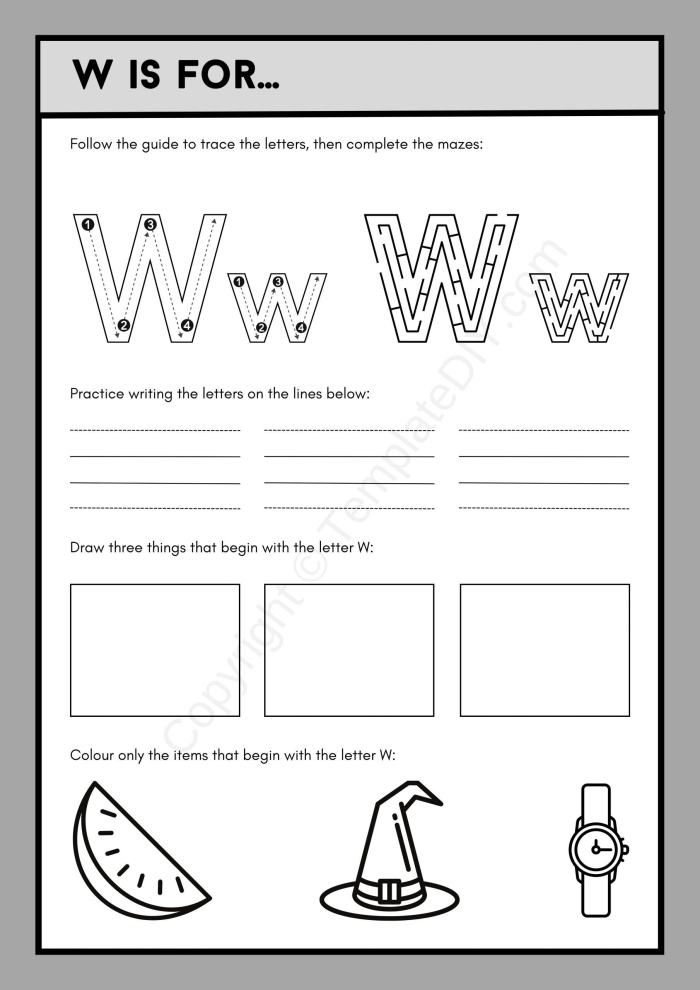 Engaging W Is For... worksheet for early alphabet learning and coloring fun Worksheet featuring fun activities for preschoolers to learn the letter W sounds