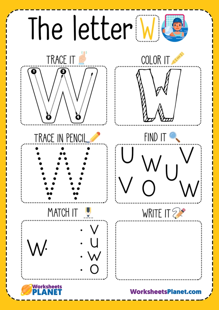 Engaging W Is For... worksheet designed to help kids learn the alphabet in a playful way Worksheet for preschoolers focusing on the letter W and its sounds with fun coloring activities