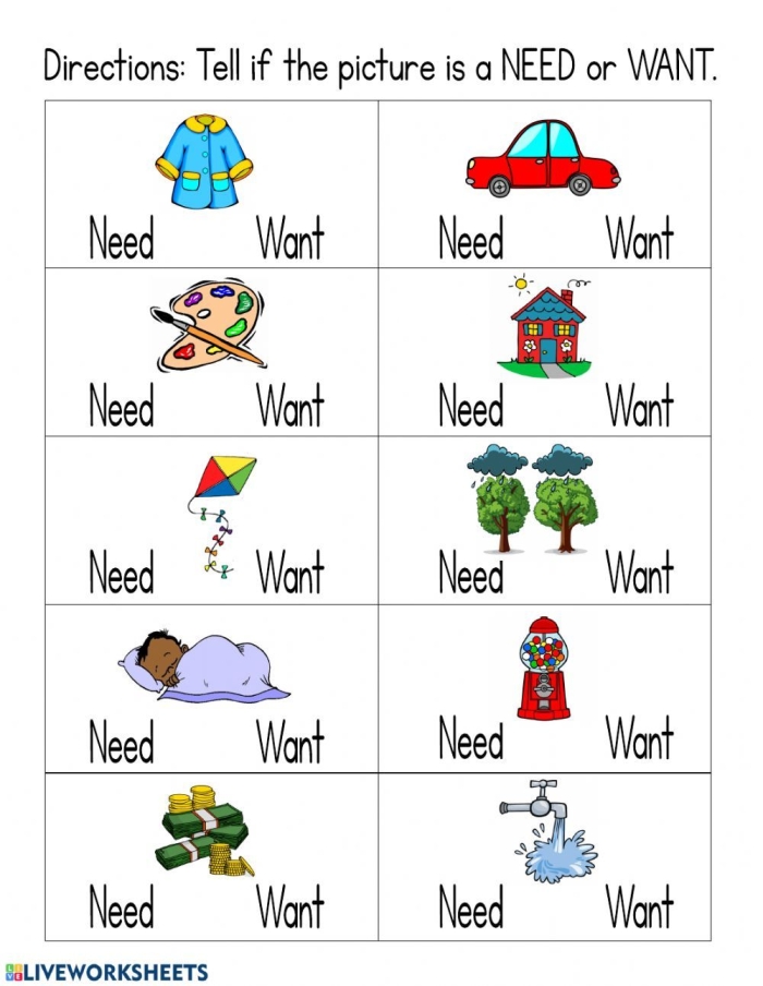 Visual guide for understanding wants and needs in early childhood education Wants and Needs worksheet for preschoolers to learn about essential versus non-essential items