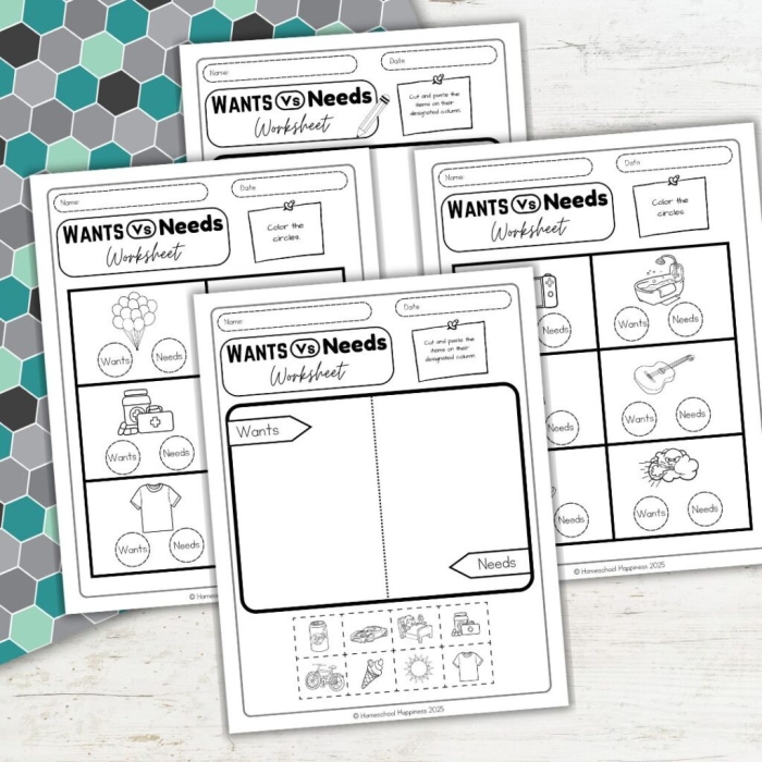 Educational worksheet for teaching preschool children about wants versus needs Wants and Needs worksheet designed for preschoolers to differentiate between wants and needs